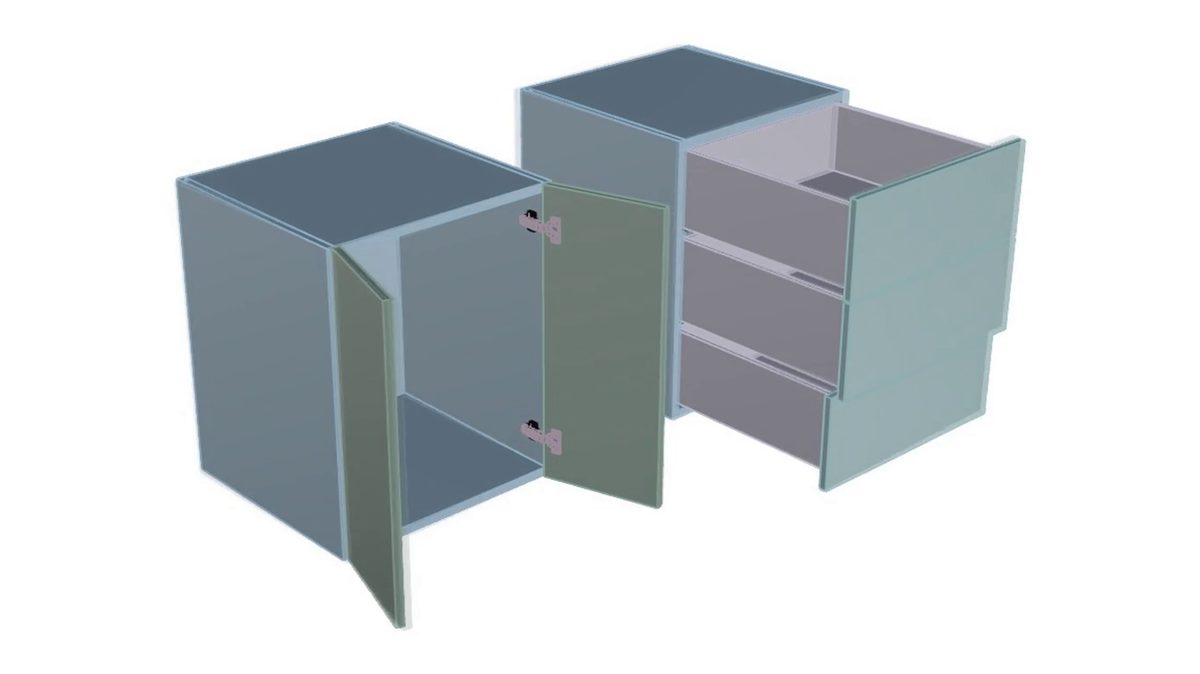 Cabinets with doors, hinges and drawers, built as real parts.